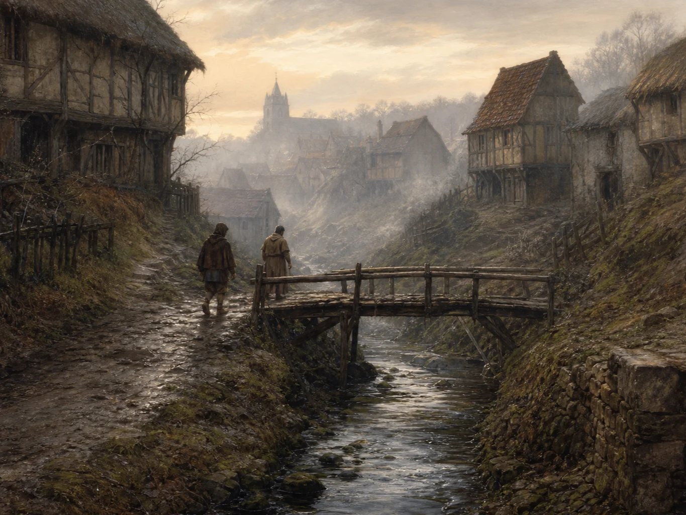 An editorial illustration of a stream running through a hollow beneath timber houses, crossed by a wooden footbridge