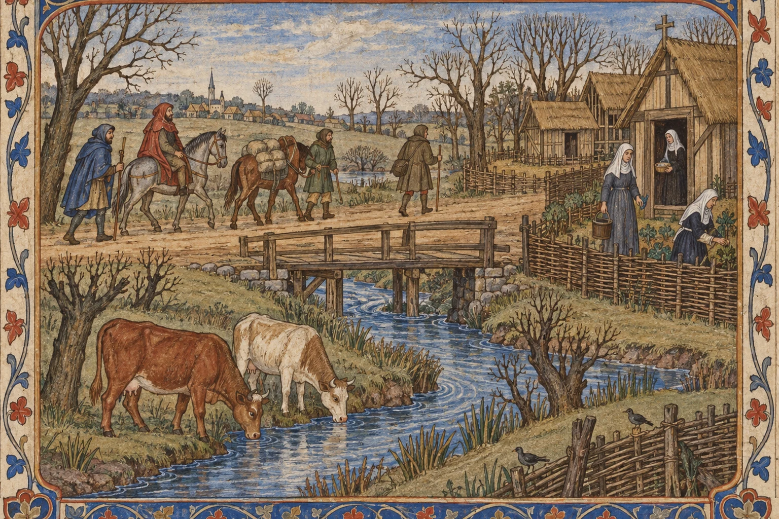 An early-twelfth-century manuscript-style editorial scene of cattle drinking from a stream beside a timber bridge, travellers and a small religious community at Kilburn.