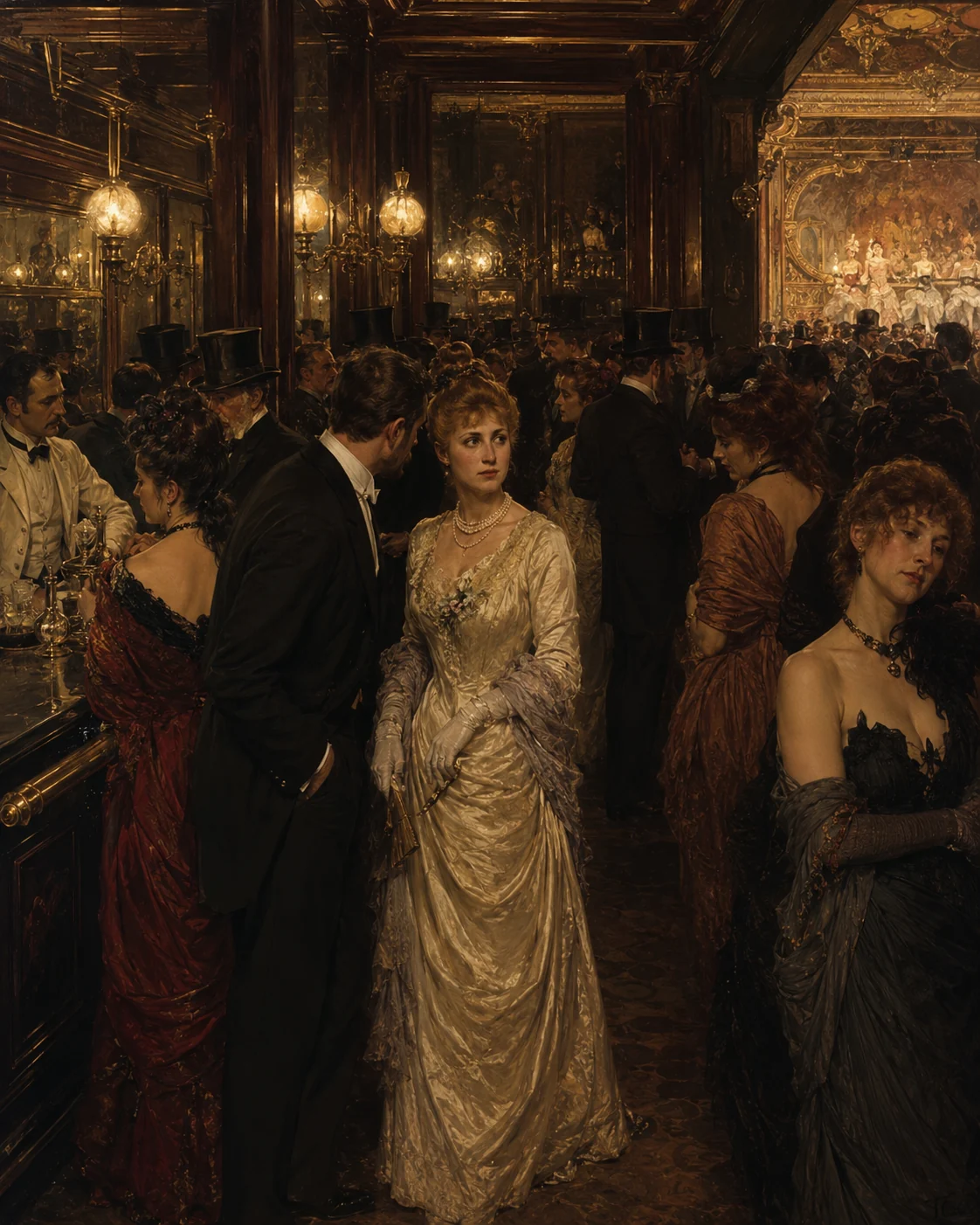 Historical illustration of a crowded theatre promenade, with elegantly dressed visitors beneath warm gaslight.