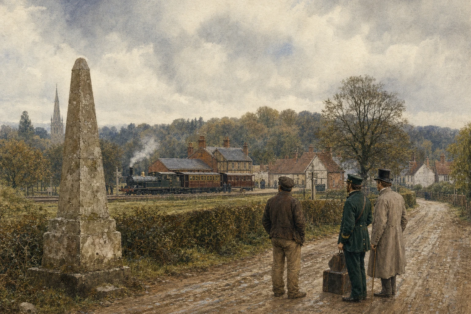 The weathered High Stone beside a muddy road as three mid-Victorian travellers watch a steam train at rural Leytonstone station.