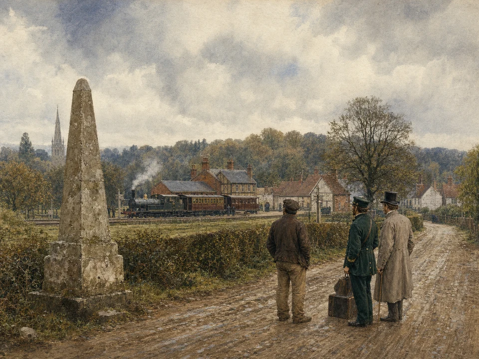 The weathered High Stone beside a muddy road as three mid-Victorian travellers watch a steam train at rural Leytonstone station.