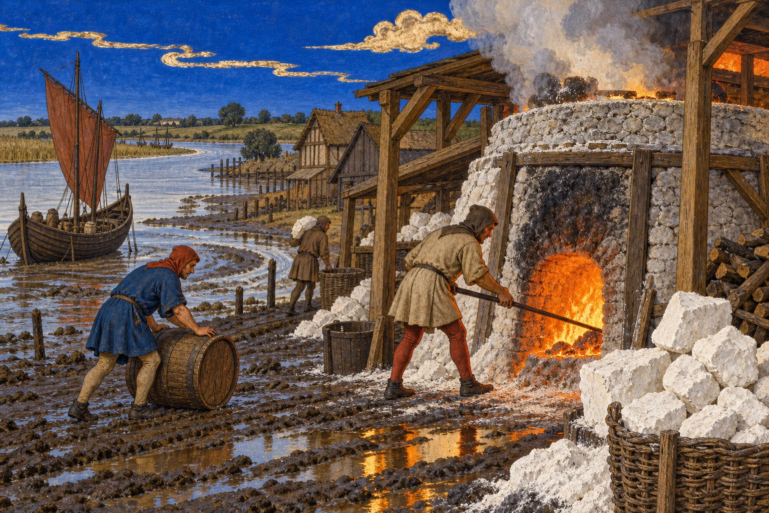 A late-medieval manuscript-style editorial painting of workers tending a glowing lime kiln beside the tidal Thames, with chalk, timber buildings and a small sailing barge.