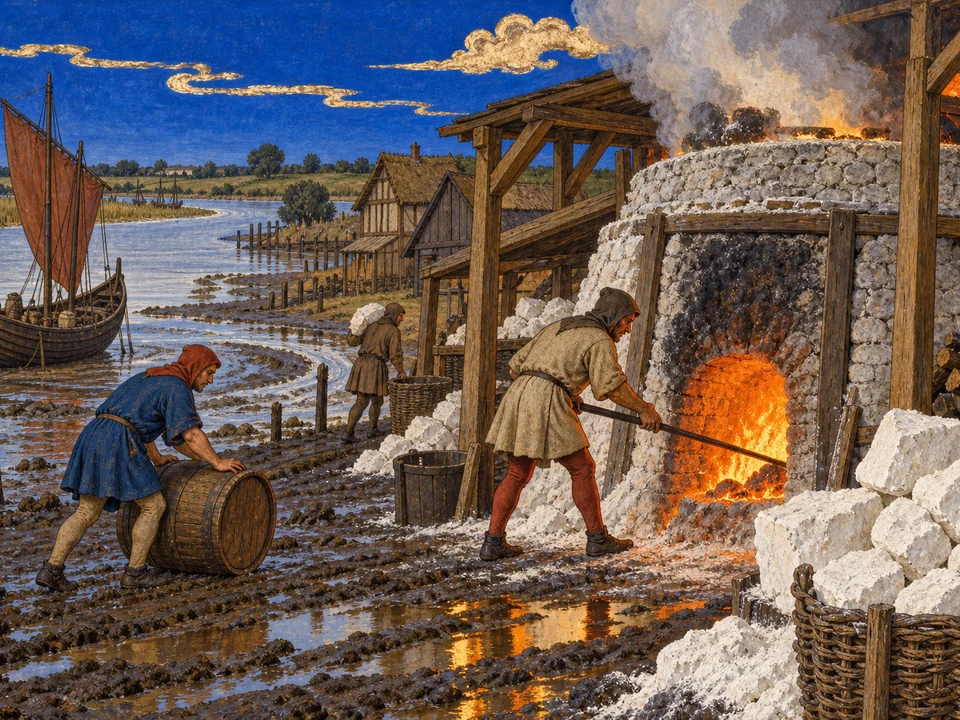 A late-medieval manuscript-style editorial painting of workers tending a glowing lime kiln beside the tidal Thames, with chalk, timber buildings and a small sailing barge.