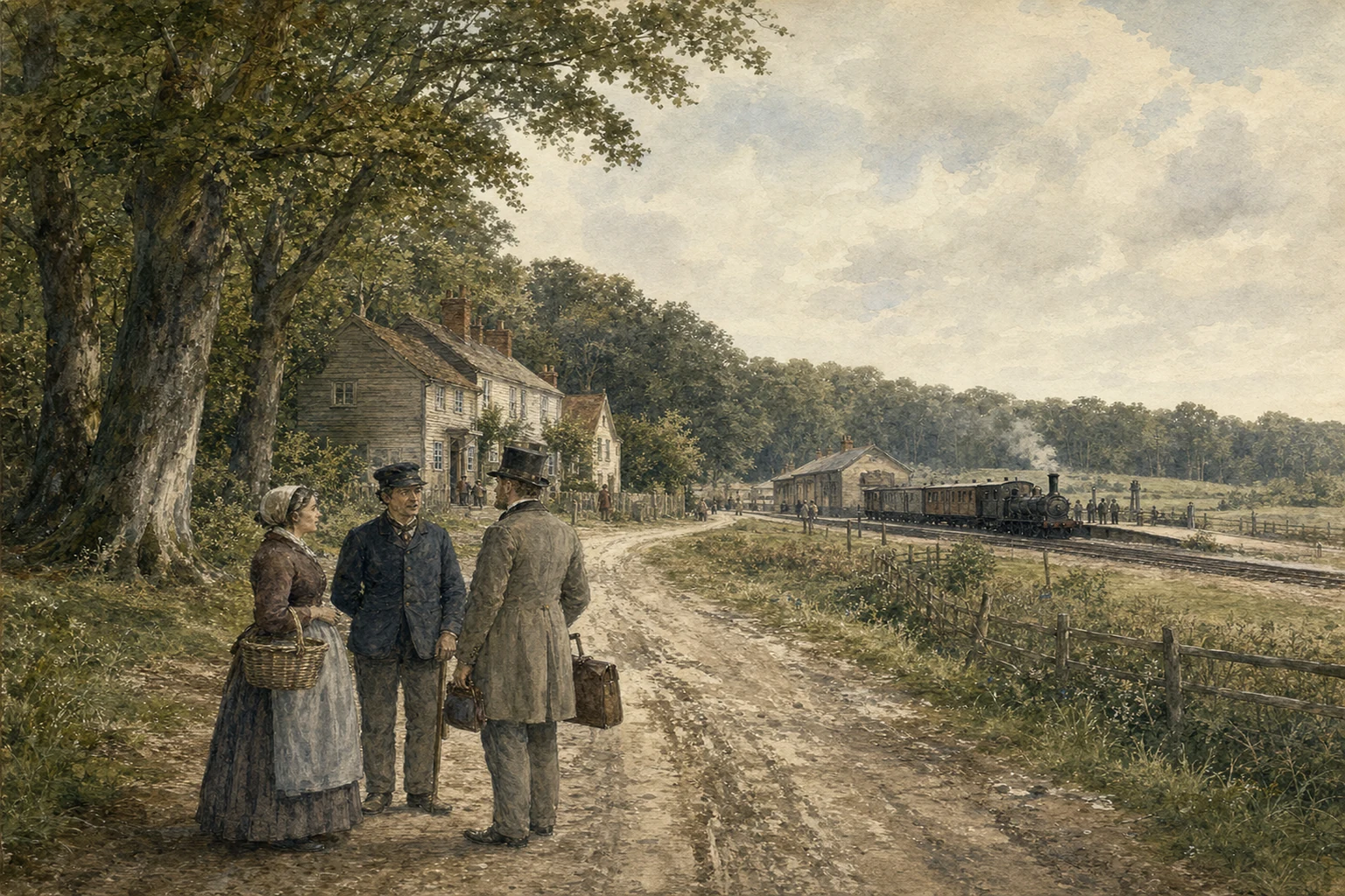 Three mid-Victorian travellers pause on a rutted lane between Epping Forest trees and the first Loughton railway terminus, where a small steam train waits.