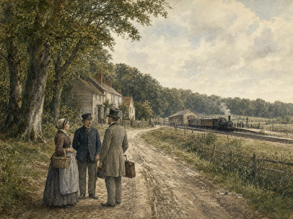 Three mid-Victorian travellers pause on a rutted lane between Epping Forest trees and the first Loughton railway terminus, where a small steam train waits.