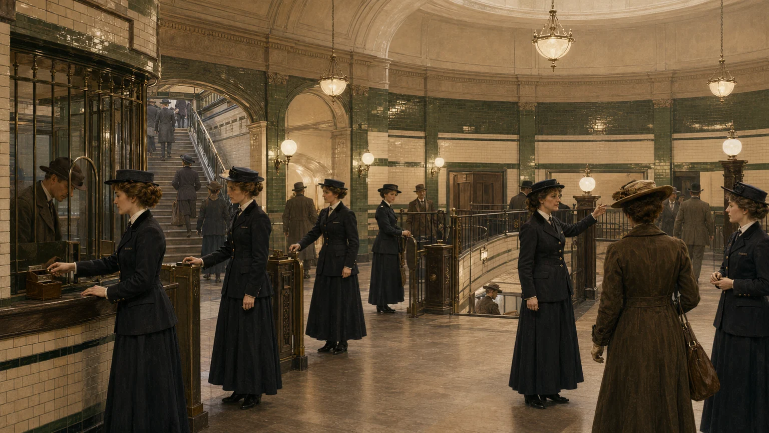 Historical illustration of uniformed staff assisting passengers inside an early Underground station ticket hall.