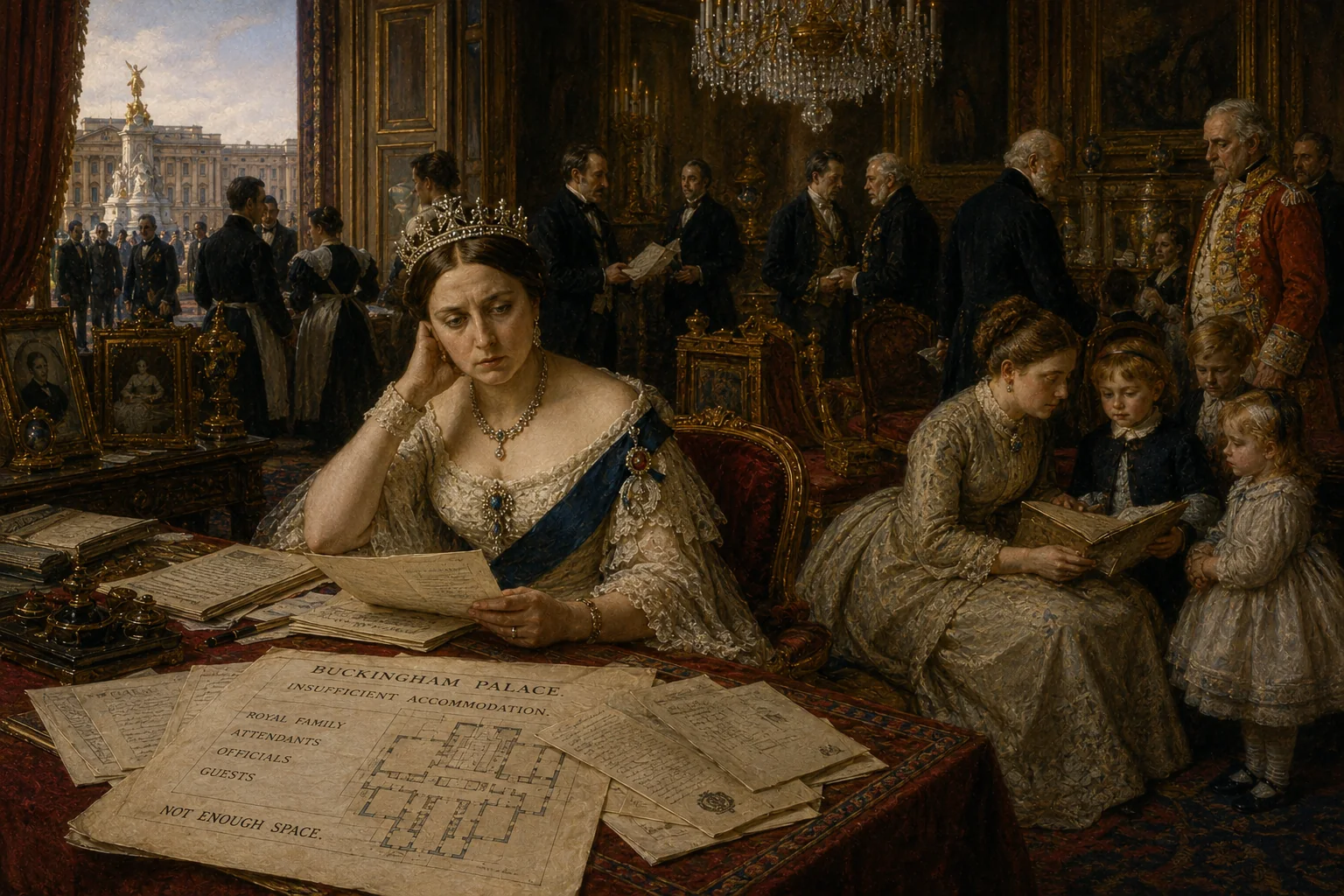 Historical illustration of Queen Victoria studying architectural plans associated with Marble Arch.