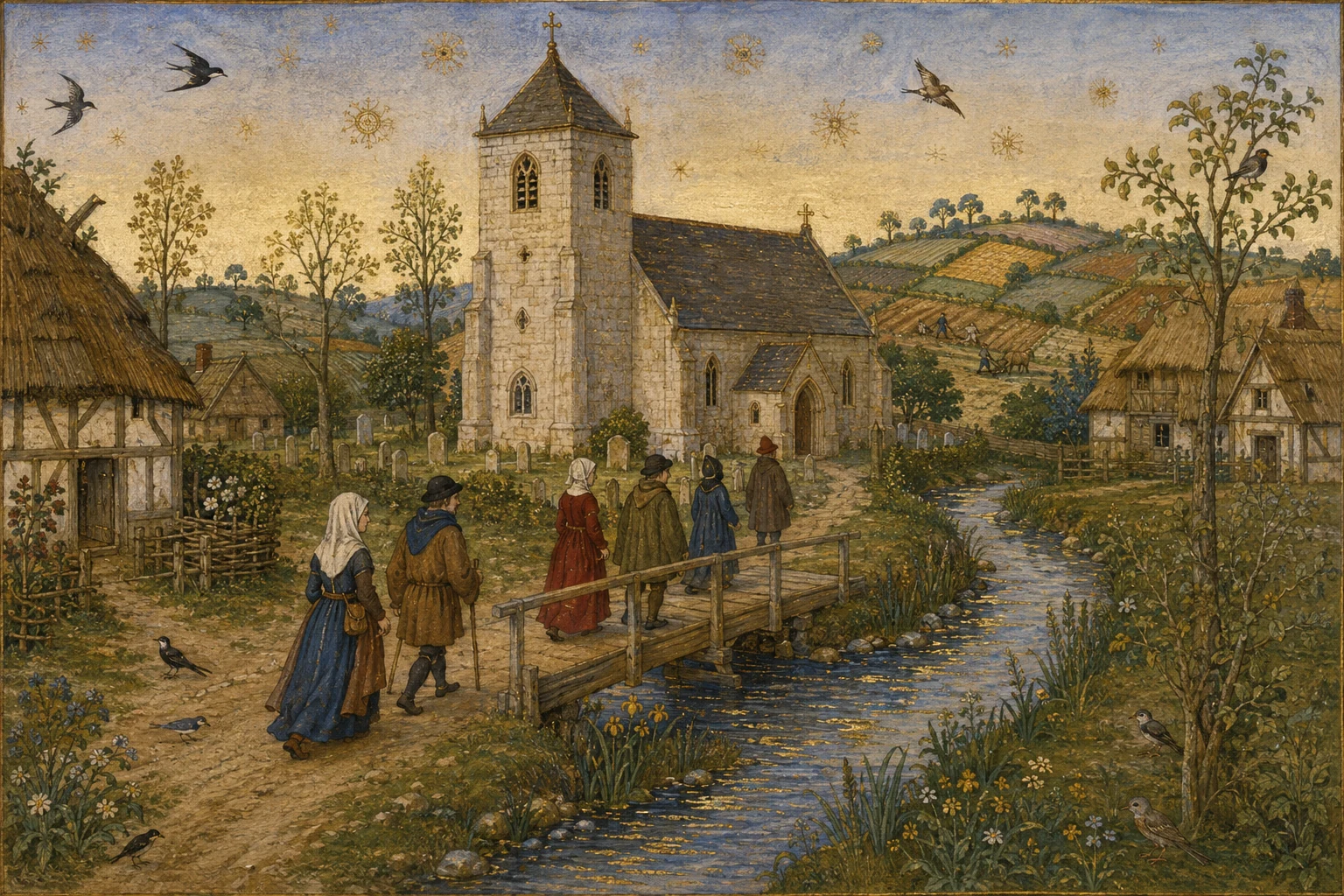 A late-medieval editorial evocation of St Mary’s church beside the Tyburn brook, with villagers crossing a wooden footbridge among cottages and fields.