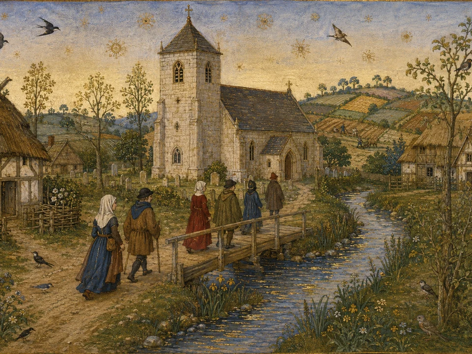A late-medieval editorial evocation of St Mary’s church beside the Tyburn brook, with villagers crossing a wooden footbridge among cottages and fields.