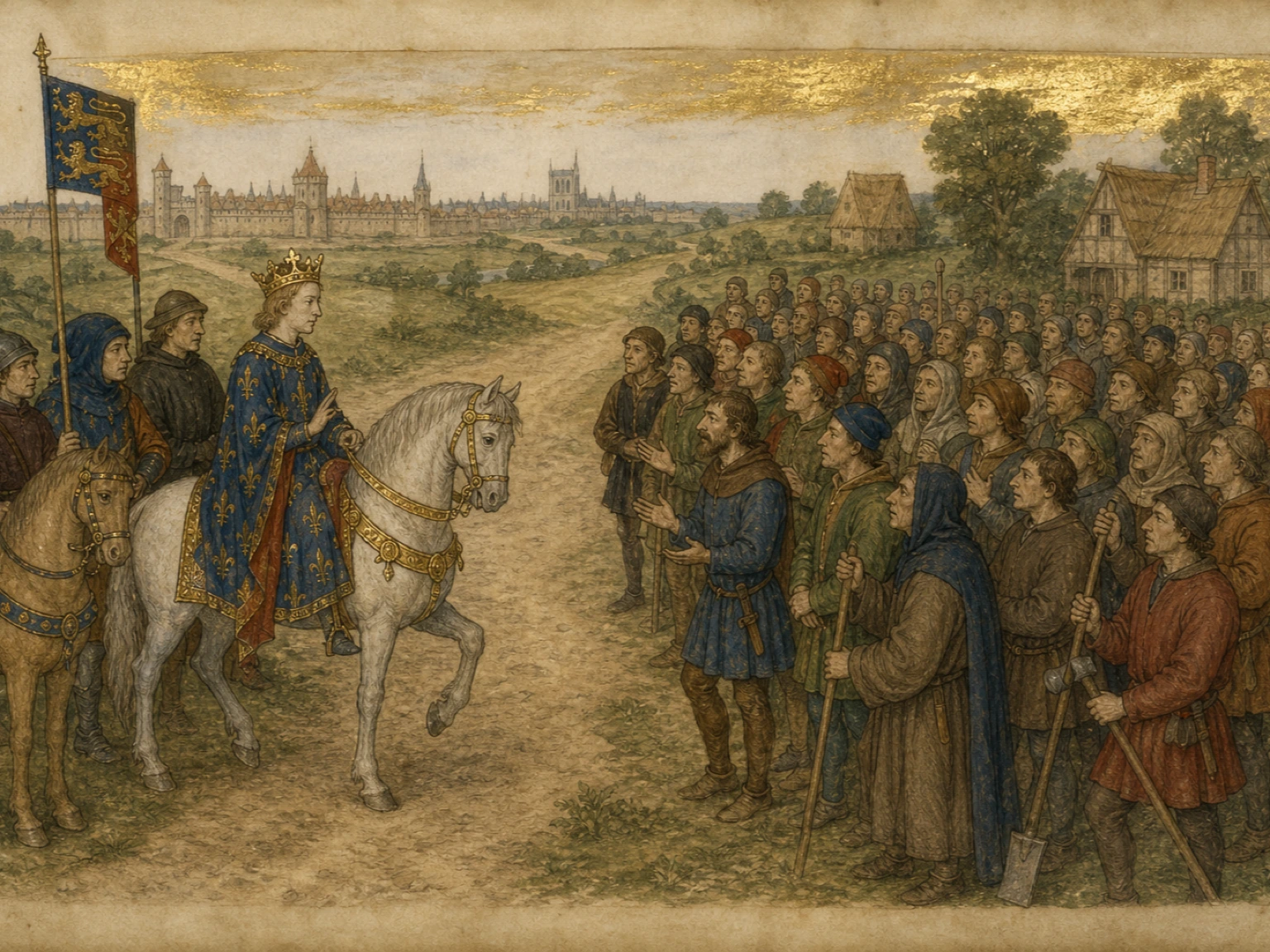 The young King Richard II on horseback listens to petitioners gathered on Mile End Green in 1381, with medieval London in the distance