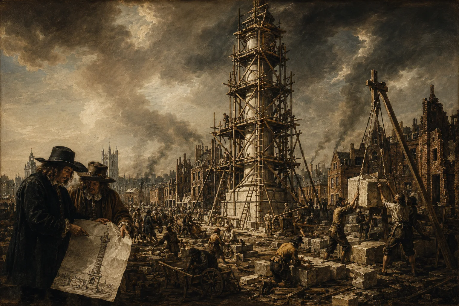 Historical illustration of the Monument to the Great Fire under construction amid a smoky London skyline.