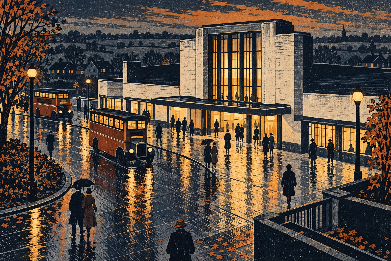 An original linocut-style editorial illustration of Morden station in a rainy interwar street, with buses, pedestrians and the tall glazed entrance.