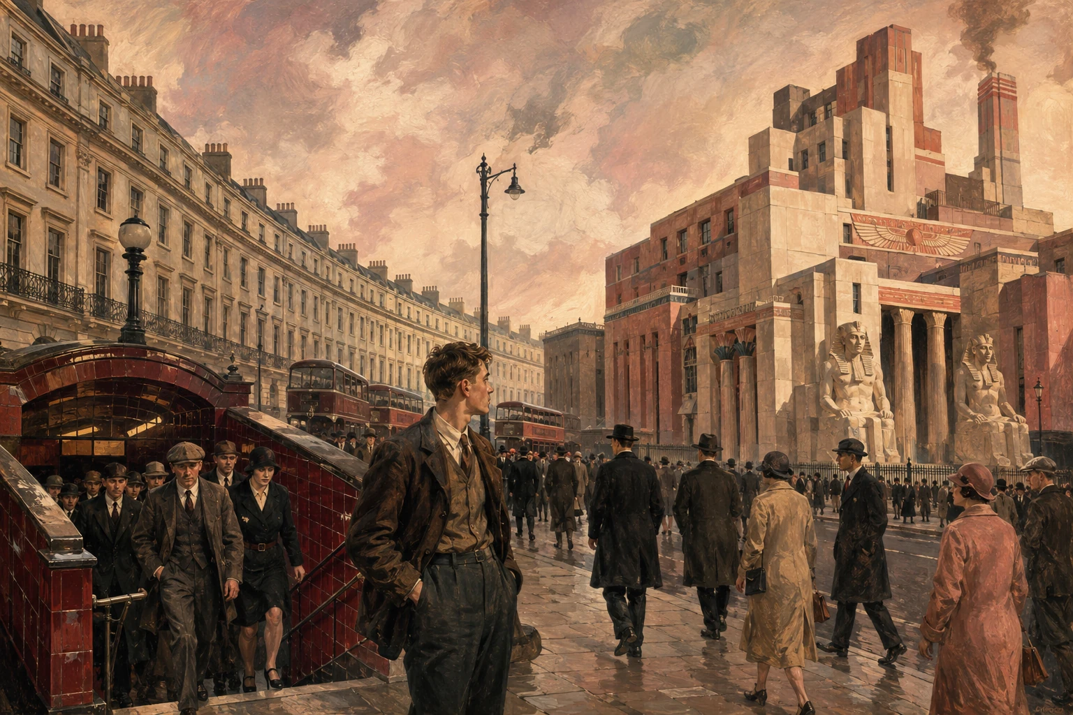 Historical illustration of Mornington Crescent station beside the Carreras cigarette factory and curved terraces.