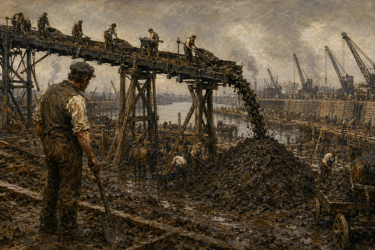 Mudchute DLR station beside a green farm landscape with sheep, old dock cranes and a chute tipping mud.