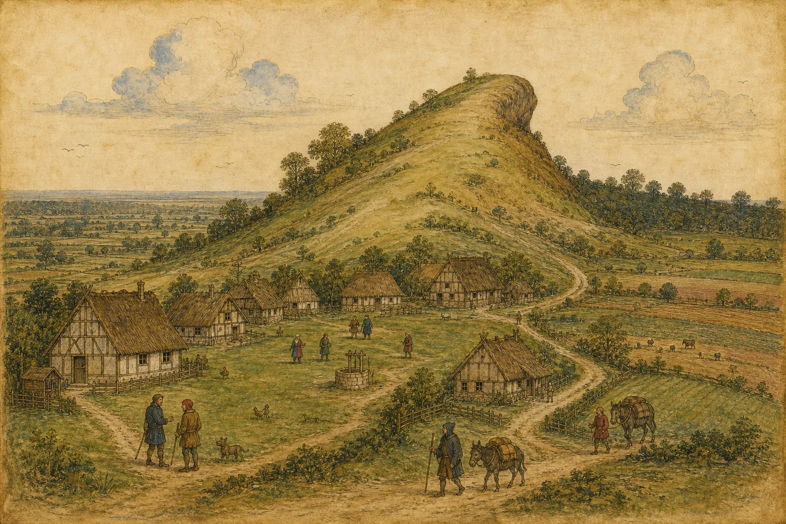 Late-medieval manuscript-style editorial landscape showing a nose-like projecting hill above Neasden’s fields, lanes, green and timber cottages.