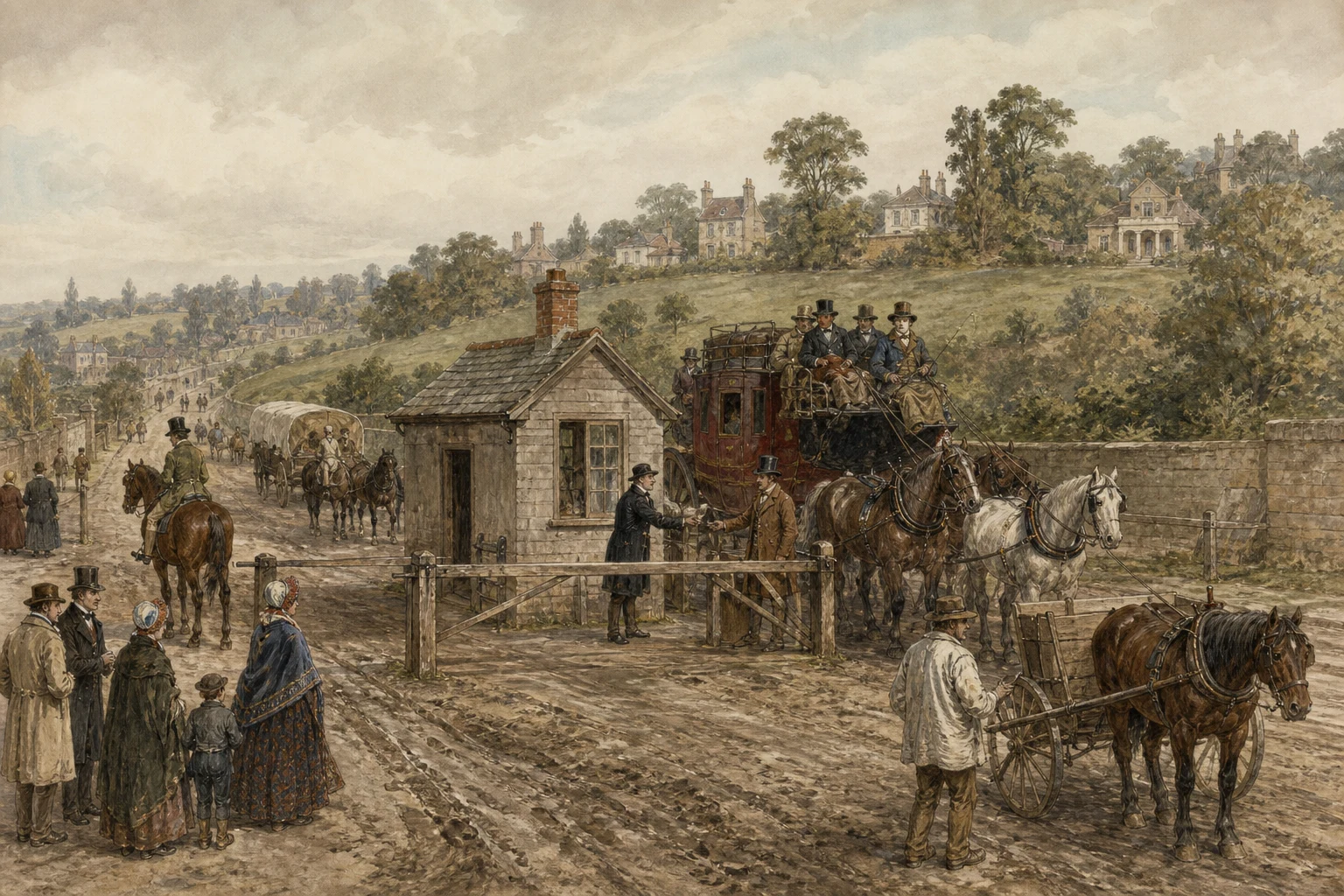 AI-generated editorial illustration of an early nineteenth-century turnpike toll gate near rural Kensington, with a toll house, wooden barrier, stagecoach, carts and travellers.