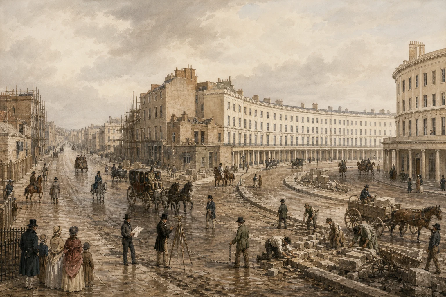 Editorial watercolour reconstruction of Regency roadworks, coaches and curved façades at the junction that became Oxford Circus.