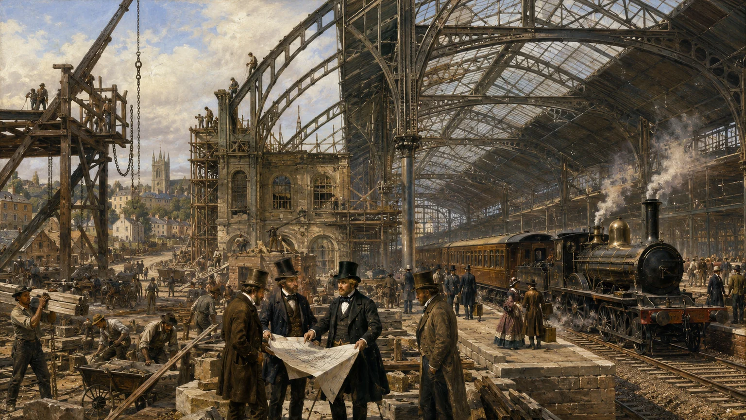 Historical illustration of an iron-and-glass railway terminus under construction while steam trains and workers fill the platforms.