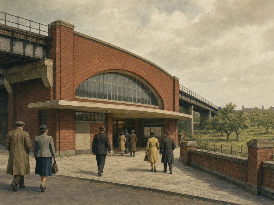 Post-war passengers approach Perivale station’s curved red-brick frontage in 1947, with pear trees on the open ground beyond the viaduct