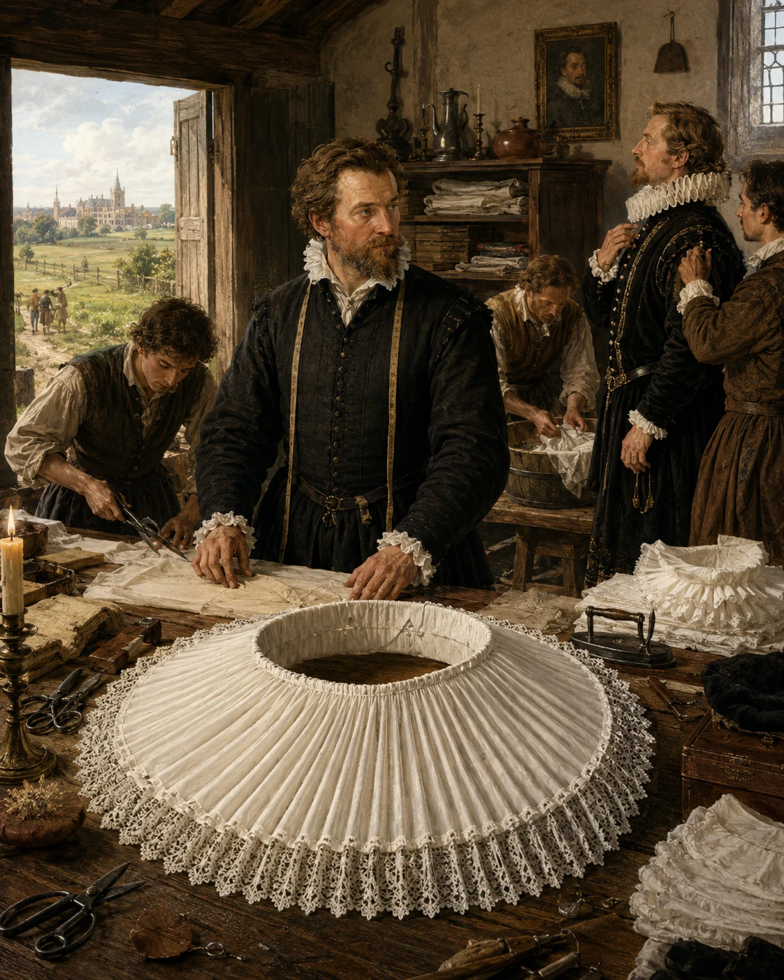 Historical illustration of craftspeople making an elaborate white ruff collar in a seventeenth-century workshop.