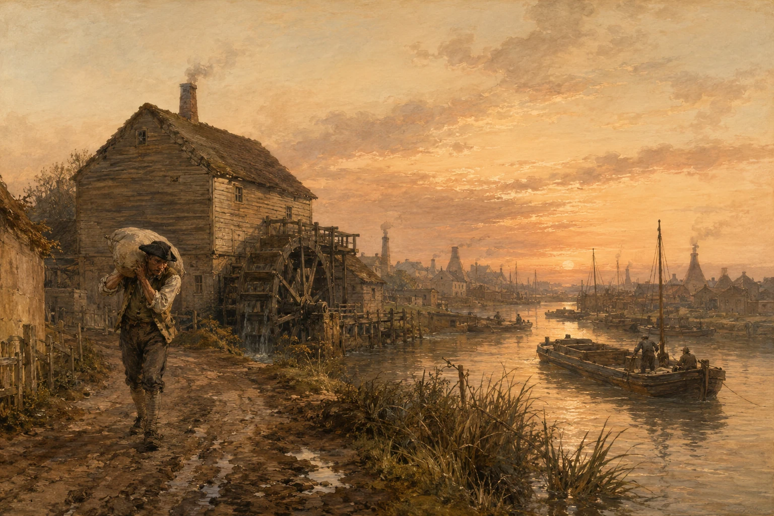 Historical illustration of a mill worker beside the Bow Back Rivers, with modern railway structures and the Olympic Park faintly visible beyond.