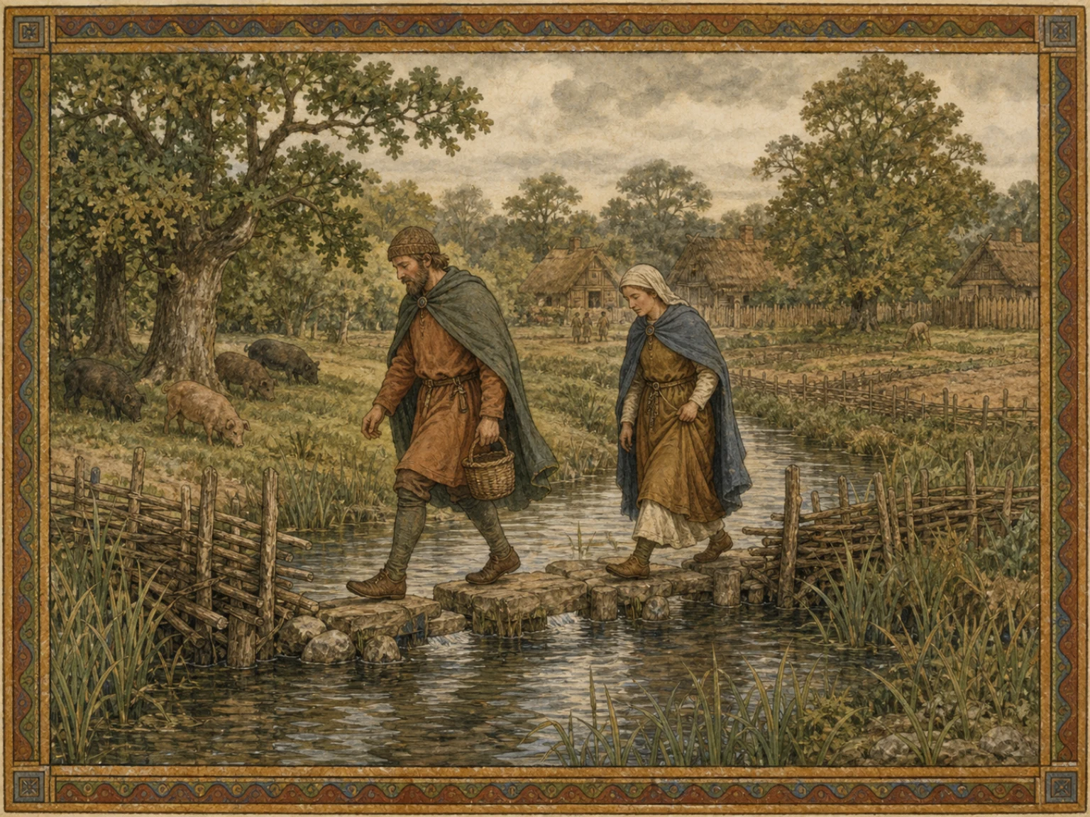 Two late Anglo-Saxon travellers cross a narrow rush-fringed stream near woodland, pigs and a timber settlement