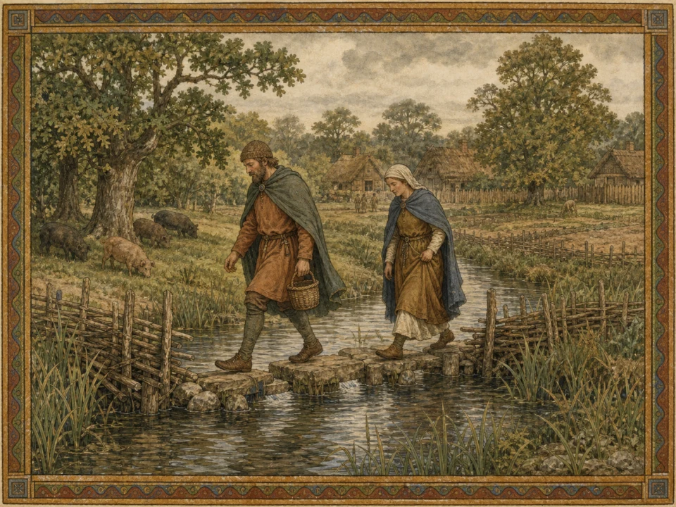Two late Anglo-Saxon travellers cross a narrow rush-fringed stream near woodland, pigs and a timber settlement