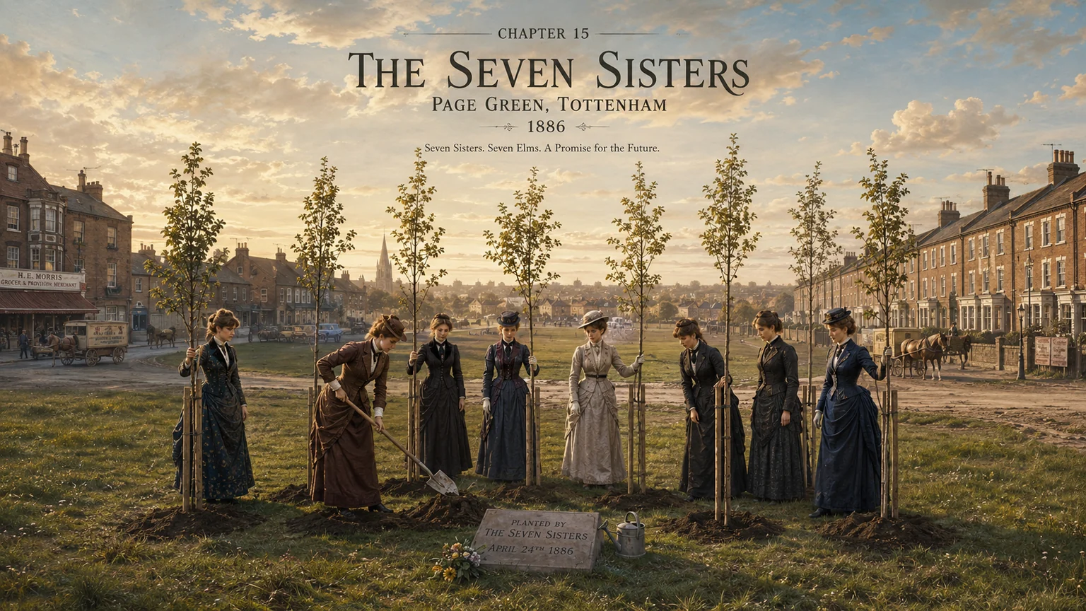 Historical illustration of seven women gathered around newly planted trees on Page Green in Tottenham.