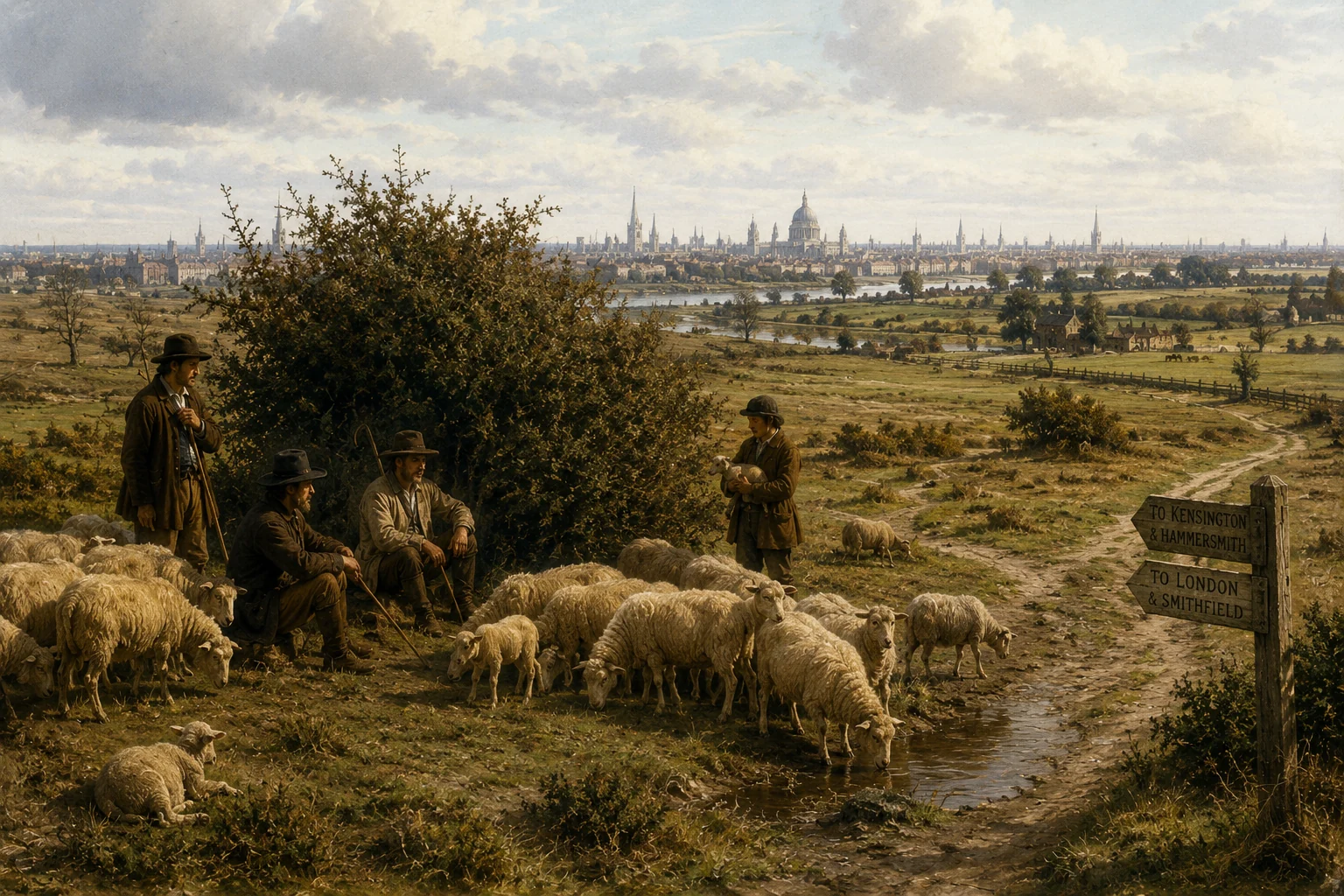 Historical illustration of shepherds tending sheep across open fields with London on the distant skyline.
