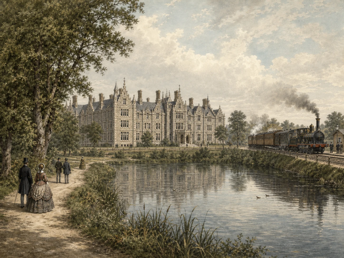 Victorian walkers beside Eagle Pond in 1856 look towards the Jacobean Infant Orphan Asylum as an Eastern Counties Railway steam train passes at Snaresbrook.