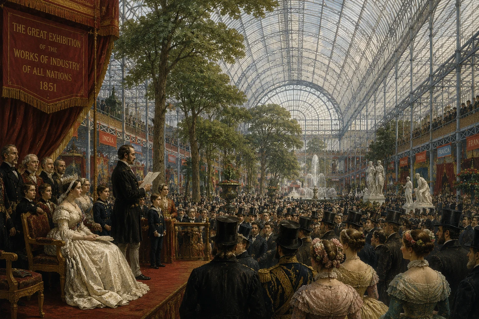 Historical illustration of crowds inside the Crystal Palace during the Great Exhibition of 1851.