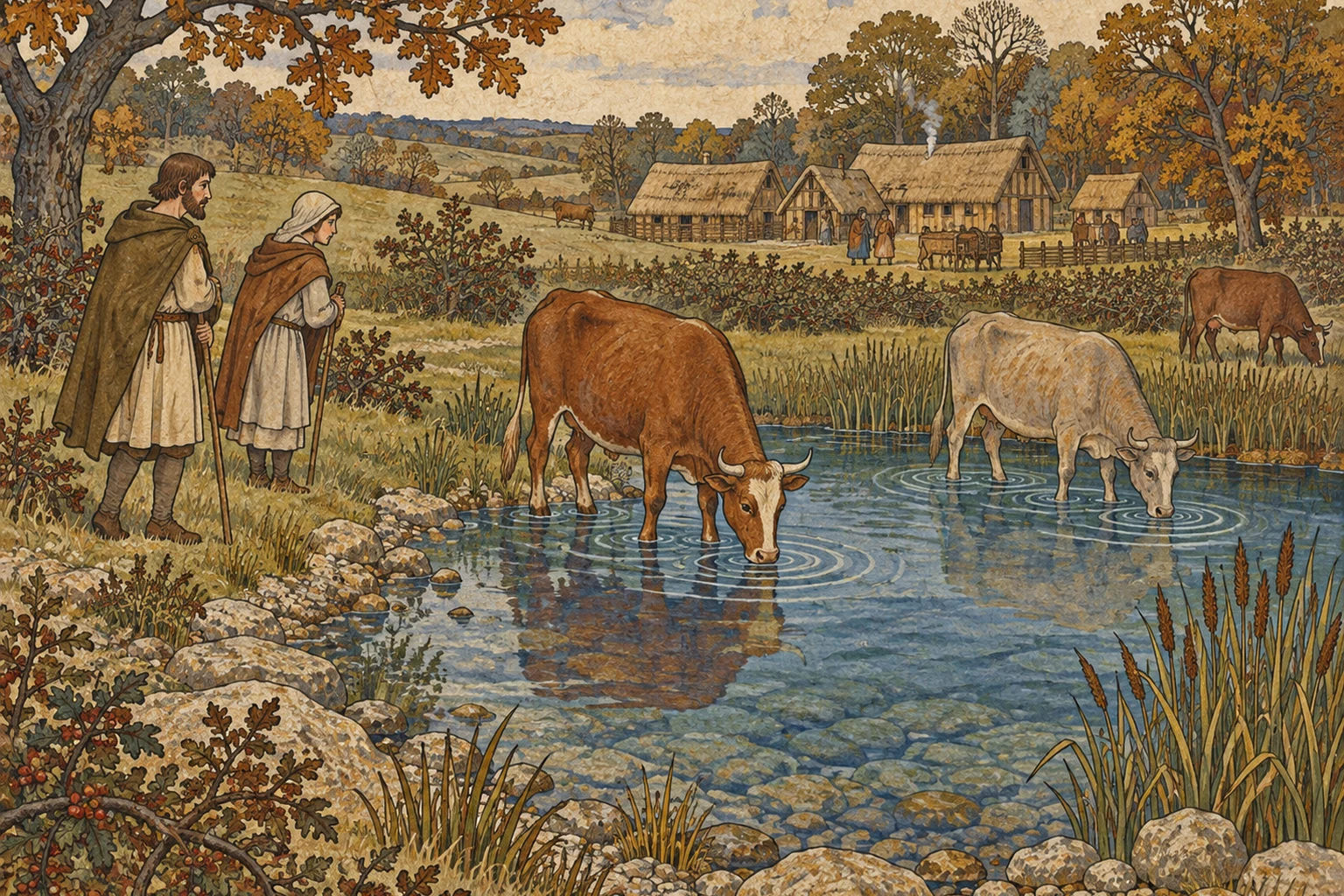 A Romanesque-inspired tempera editorial scene of a stony pool on the Stanmore ridge around 1086, with two villagers, cattle, reeds and timber houses.