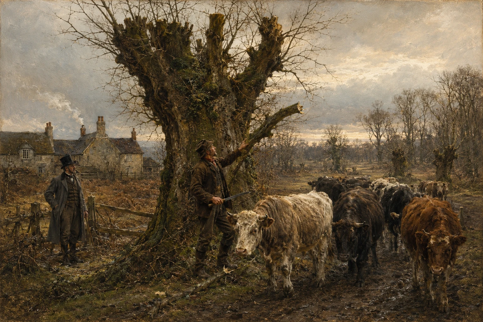Historical illustration of Theydon Bois at the edge of Epping Forest, with villagers, cattle, woodland and a distant Underground station.