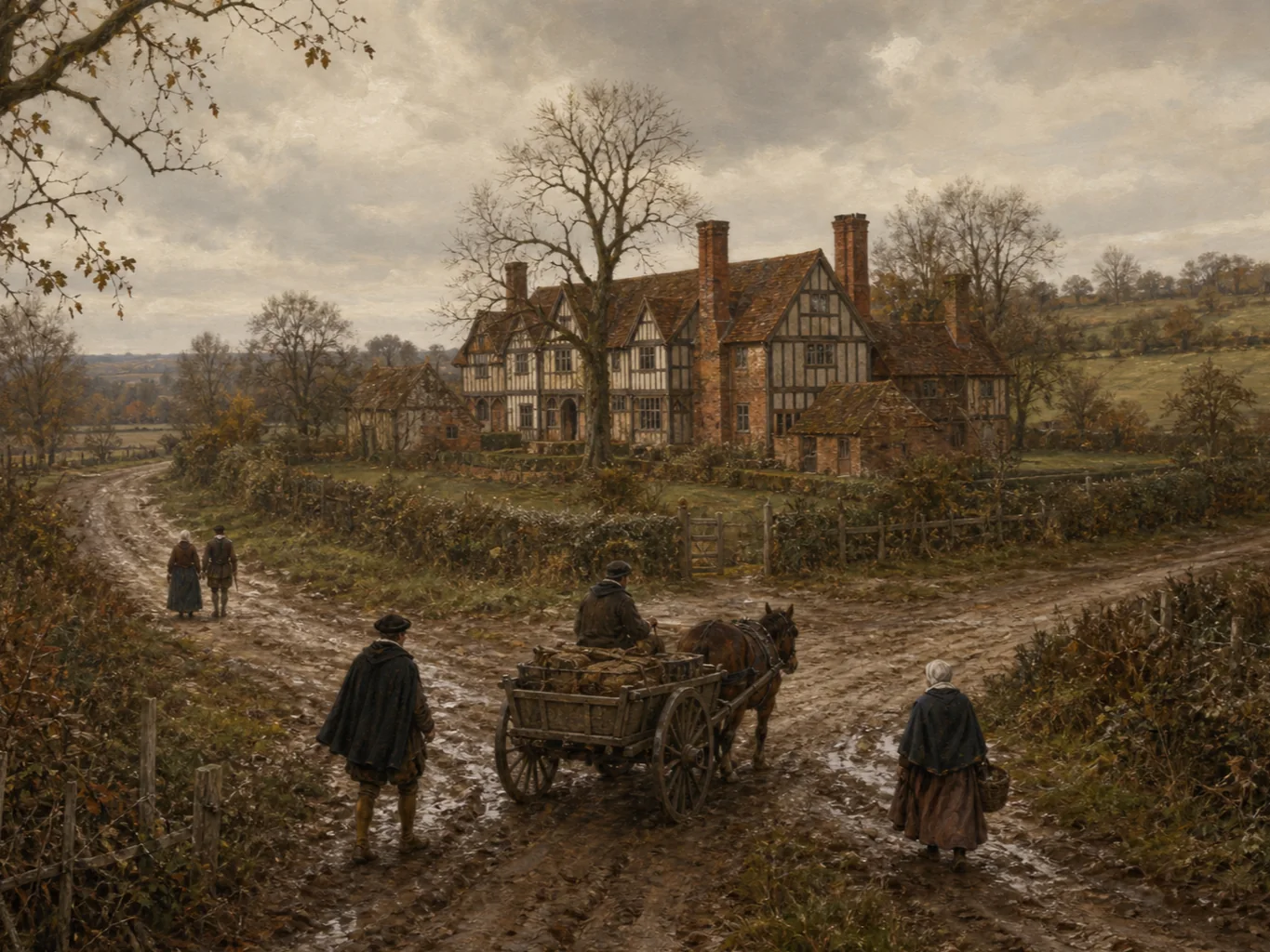 An editorial evocation of a timber-and-brick manor beside branching muddy roads, with travellers and a horse-drawn cart