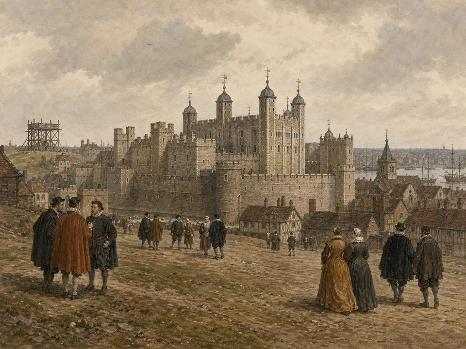 Tudor Londoners cross the open ground of Tower Hill in the late sixteenth century, with the Tower of London dominating the view and an empty scaffold in the distance.