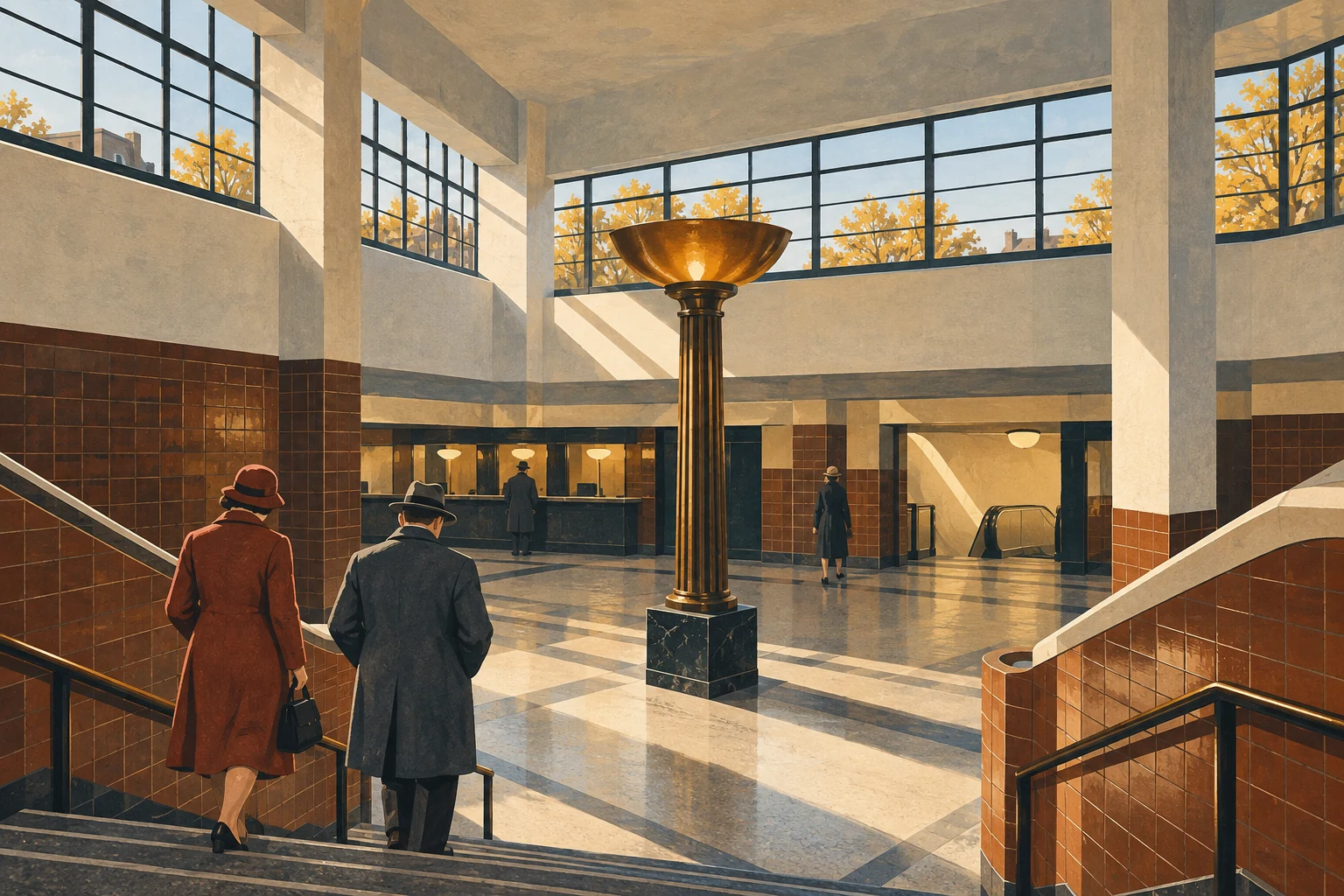 An editorial painting of an imagined 1932 Turnpike Lane ticket hall, with high windows, brown tiles, a bronze uplighter and passengers descending steps.