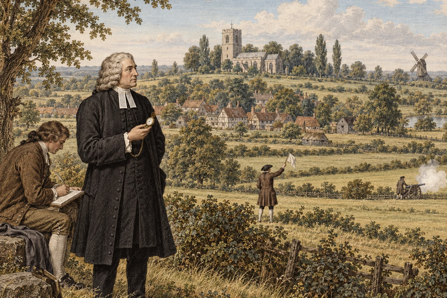 An early-eighteenth-century hand-coloured engraving-style editorial scene of William Derham timing sound across Upminster fields below St Laurence’s church.