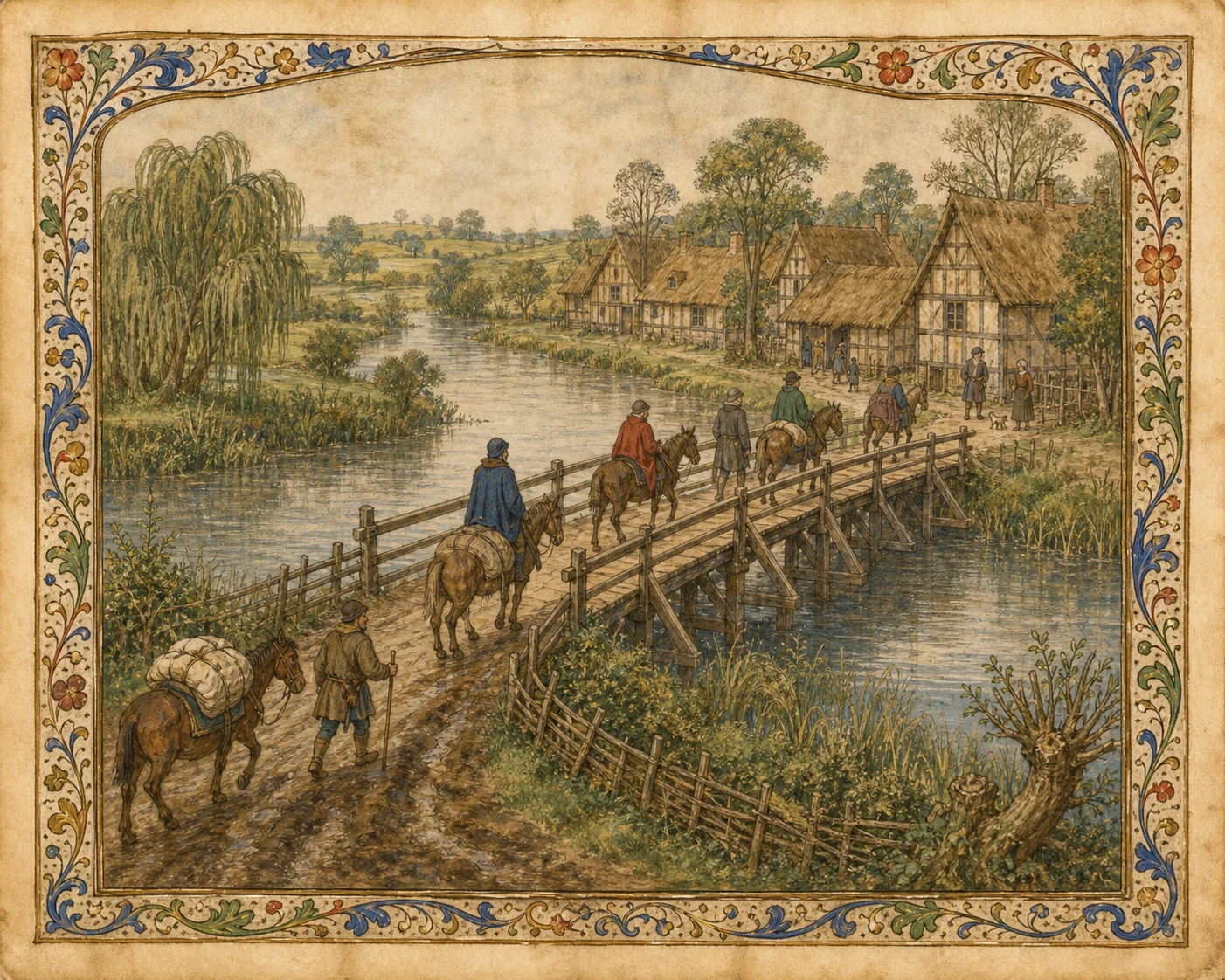 Late-medieval illuminated-manuscript-style editorial scene of a timber bridge, packhorses and travellers crossing a shallow Middlesex river.