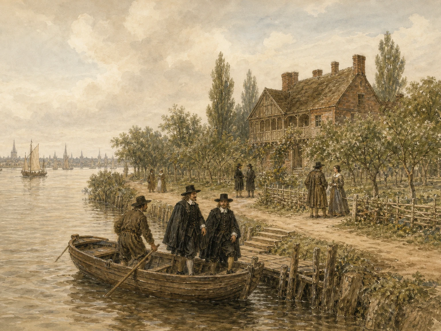 Three seventeenth-century travellers step from a Thames wherry beside the garden house and orchard at Fox Hall, later Vauxhall