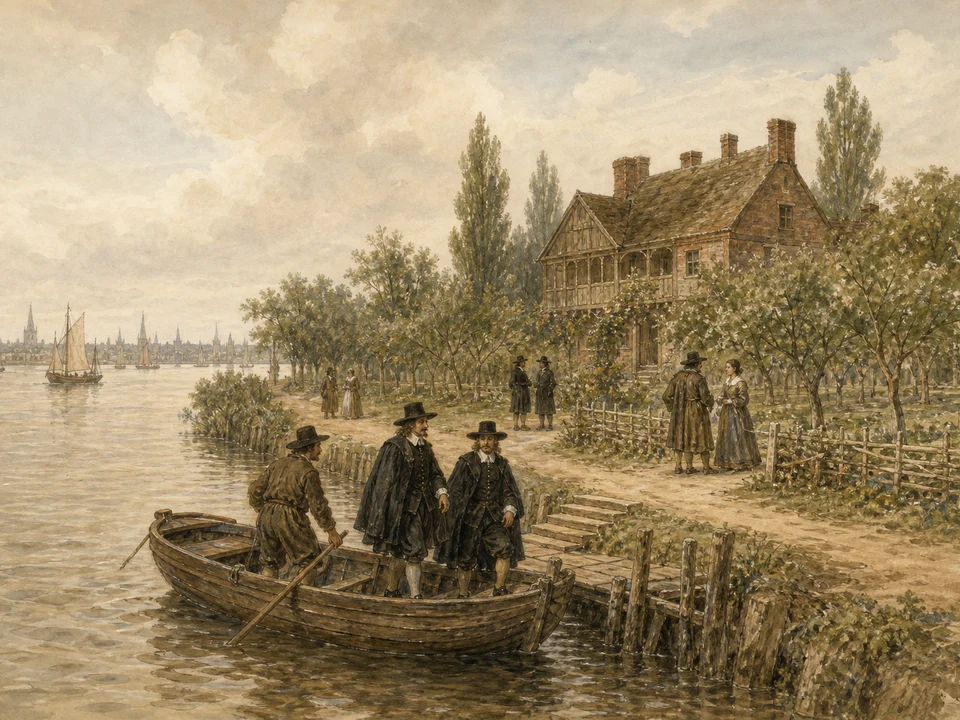 Three seventeenth-century travellers step from a Thames wherry beside the garden house and orchard at Fox Hall, later Vauxhall