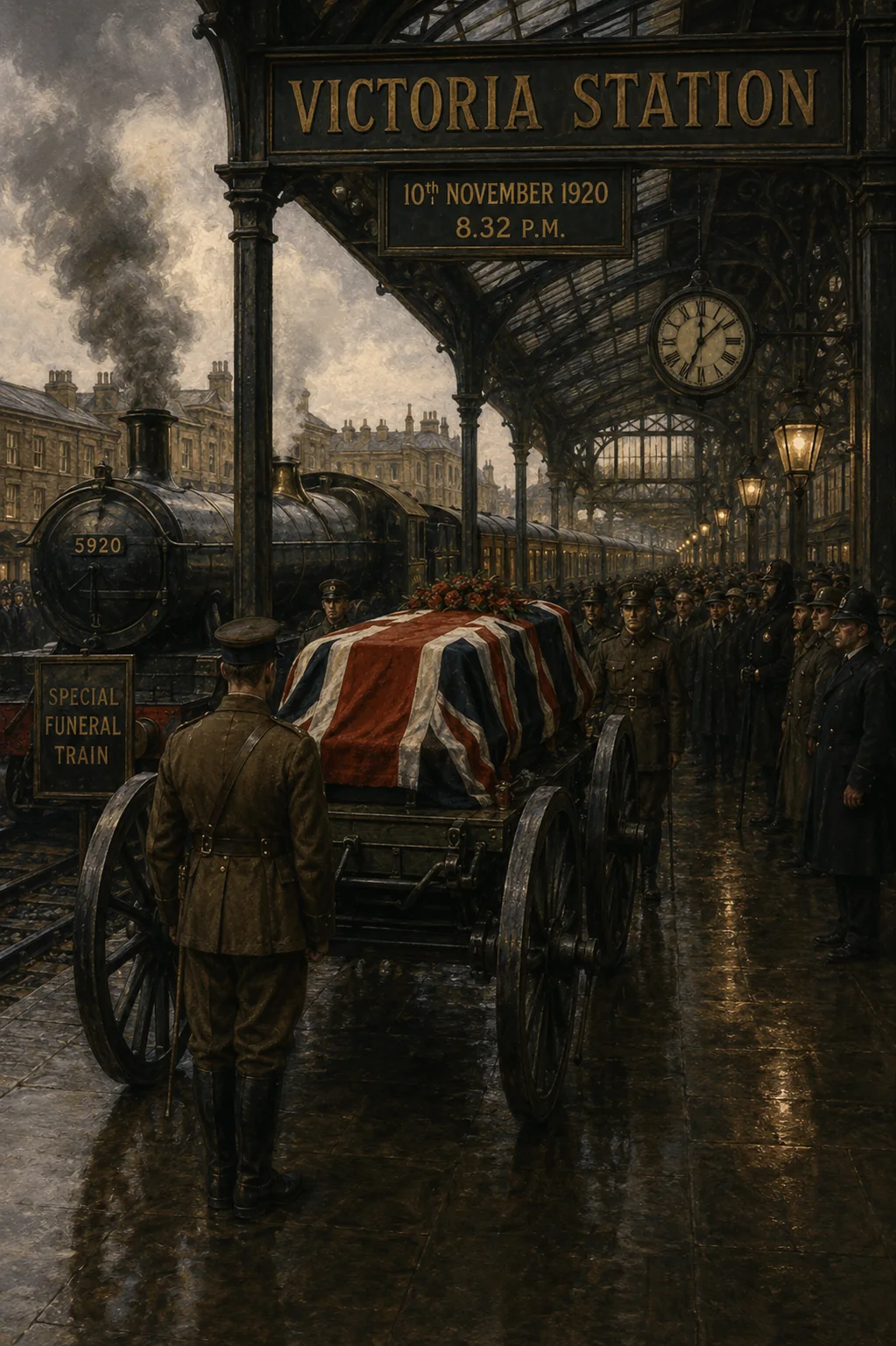 Historical illustration of Queen Victoria's funeral procession arriving at Victoria Station.