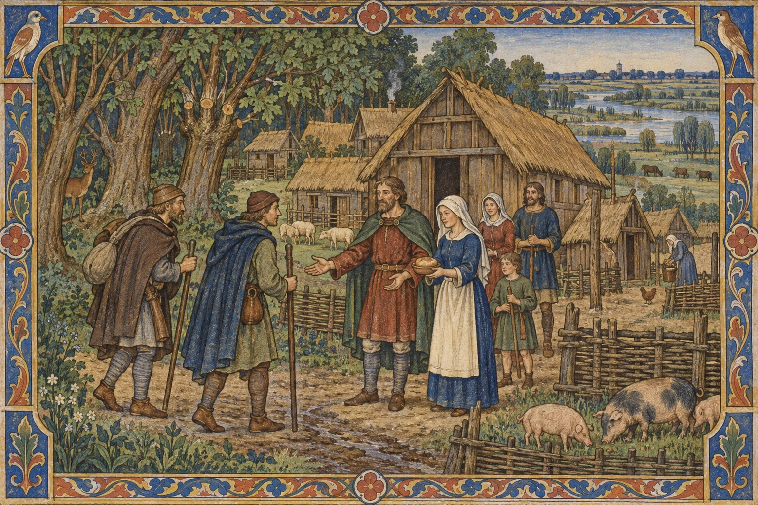 An eleventh-century manuscript-style editorial scene of residents welcoming two travellers beside timber buildings at the forest edge in Walthamstow.