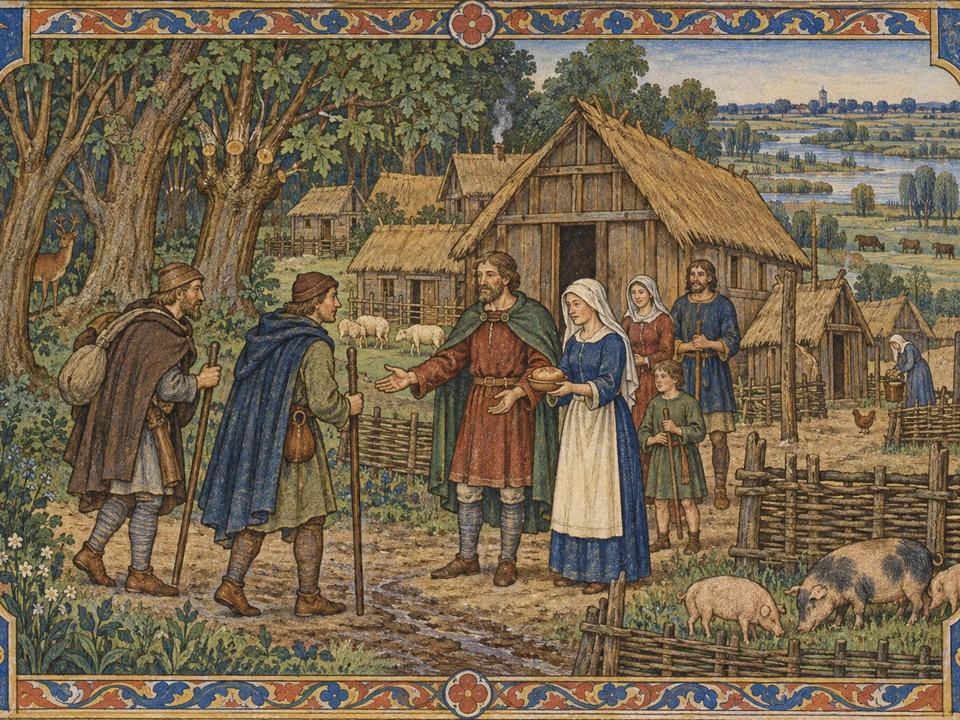 An eleventh-century manuscript-style editorial scene of residents welcoming two travellers beside timber buildings at the forest edge in Walthamstow.