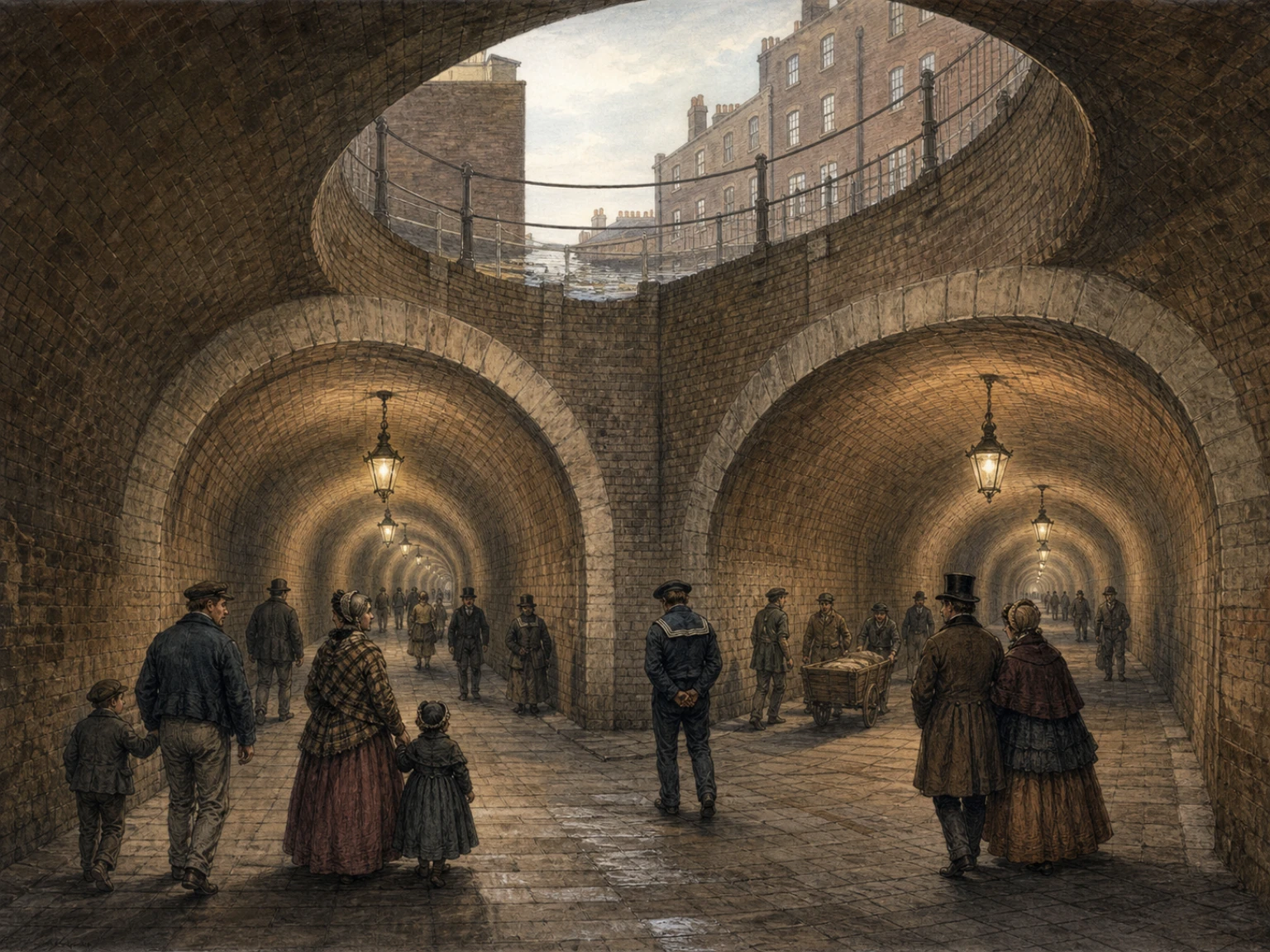 Early Victorian pedestrians walk beneath gas lamps through the twin brick bores of the Thames Tunnel at Wapping in 1843