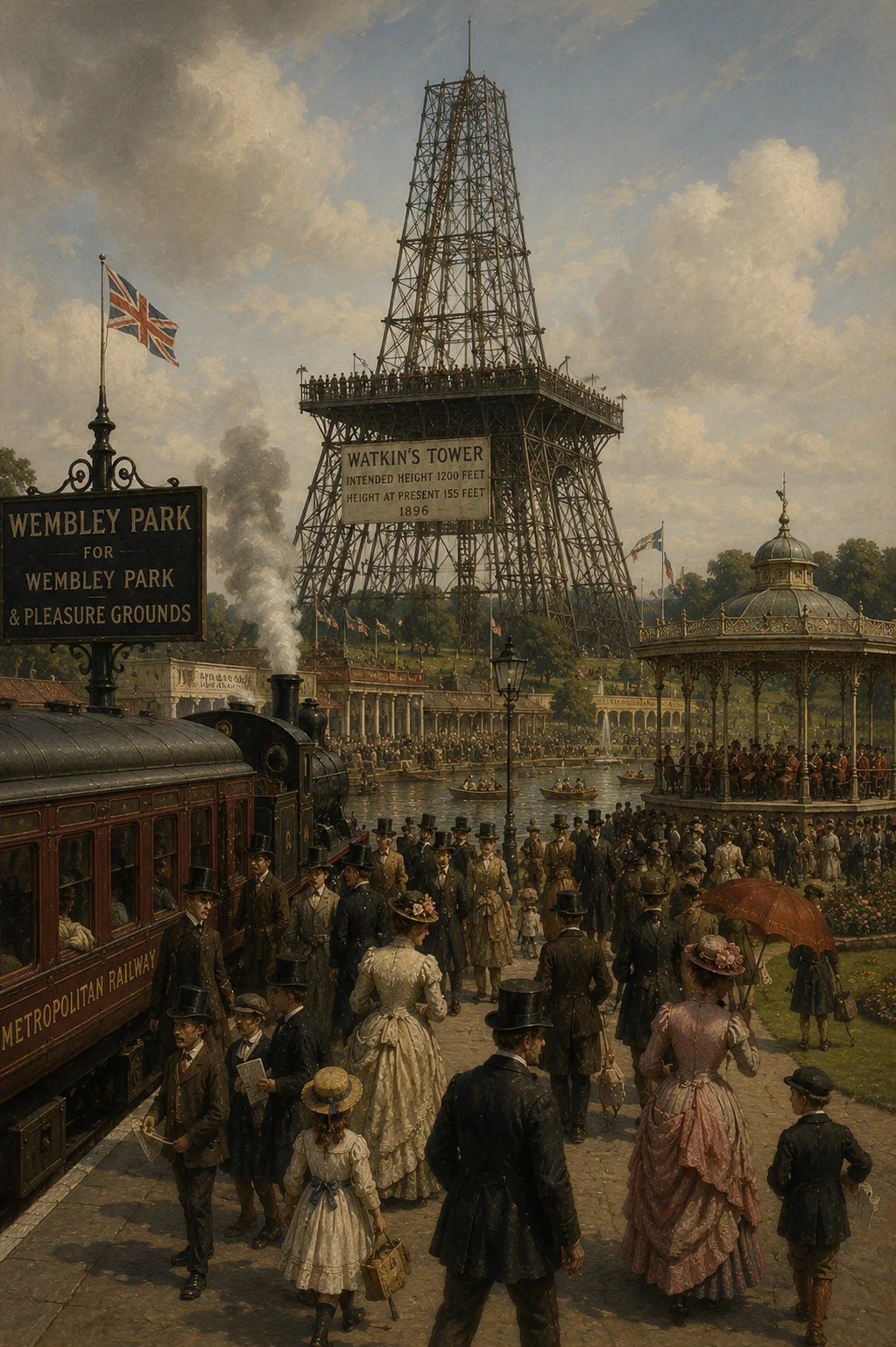 Historical illustration of crowds around the unfinished Watkin's Tower at Wembley Park.
