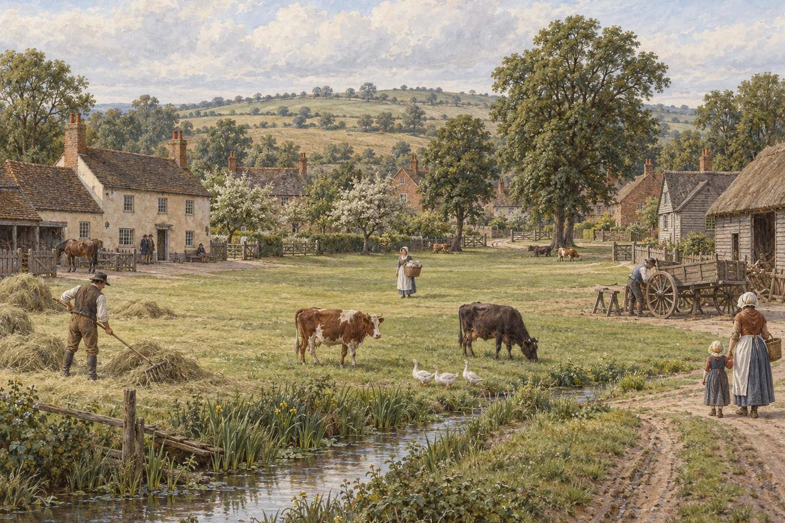 An early-nineteenth-century watercolour-style editorial view of Willesden village green with cottages, haymaking workers, a wheelwright, cattle, geese and a small watercourse.