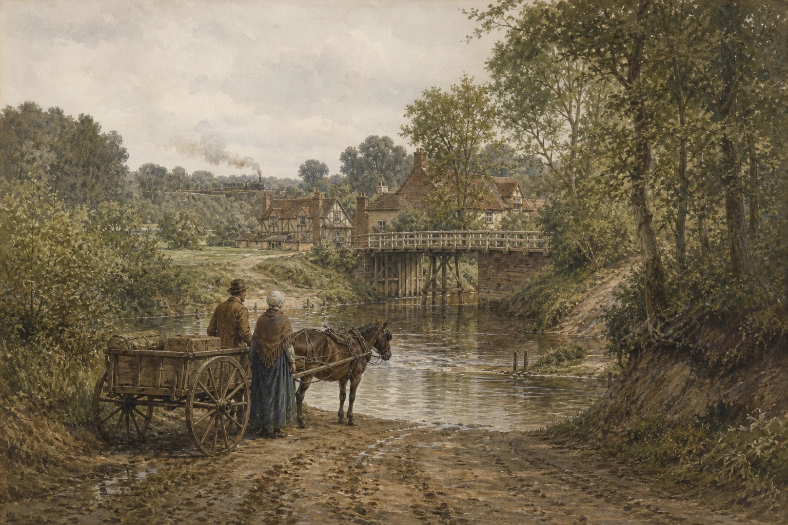 Two mid-Victorian travellers and their horse cart pause at the shallow Roding ford below a wooded lane, with Woodford Bridge, cottages and a distant steam train.